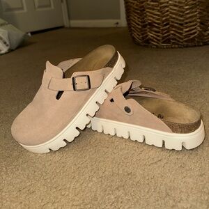 Birkenstock Suede Sandals in Tan and White